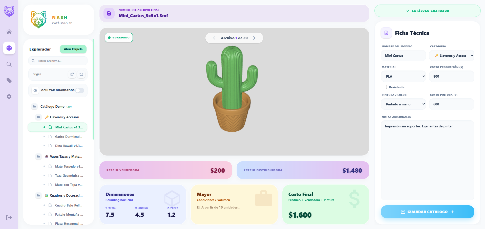 Catálogo 3D — Desktop Workspace para Gestión y Pricing de Modelos STL/3MF — Vista Previa 1