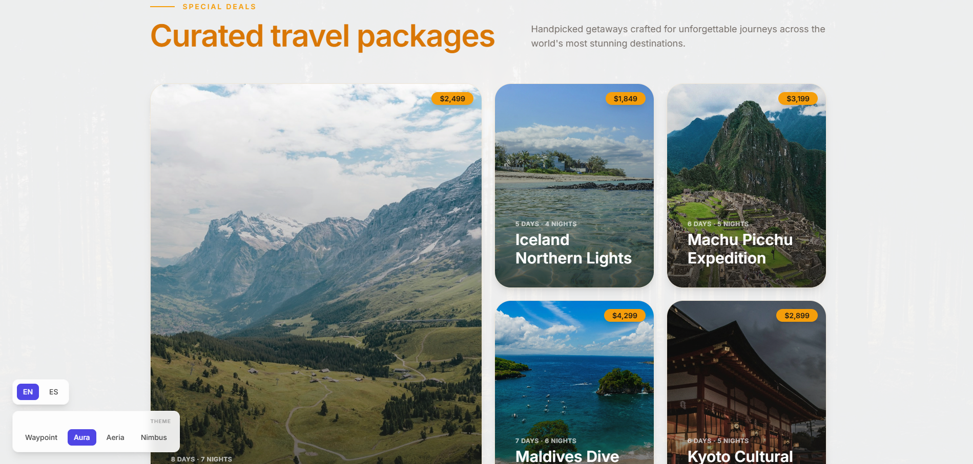 Showcase Interactivo de 4 Temas Web de Viajes — Vista Previa 2
